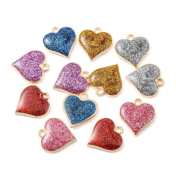 Alloy Enamel Pendants, with Glitter Sequins, Light Gold, Heart Charm, Mixed Color, 17.1x15.7x3.5mm, Hole: 1.5mm
