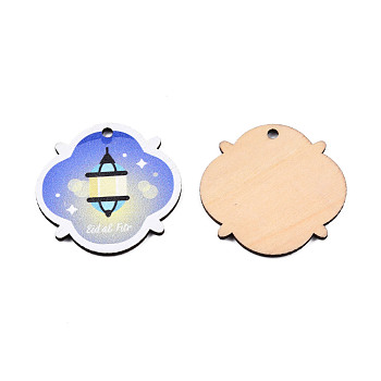 Single-Sided Printed Wood Pendants, Flower Charm with Lighthouse Pattern, Cornflower Blue, 48x48x2mm, Hole: 3.5mm