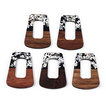 Opaque Resin & Walnut Wood Pendants, Trapezoid Charms with Butterfly Paillettes, Silver, 38x27x3mm, Hole: 2mm