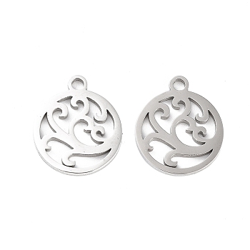 316 Surgical Stainless Steel Charms, Laser Cut, Flat Round Charm, Stainless Steel Color, Tree, 14.5x12.5x1mm, Hole: 1.5mm