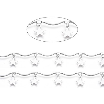 Handmade 304 Stainless Steel Scalloped Bar Link Chains, Soldered, with Star Charms and Card Paper, Stainless Steel Color, Bar Link: 16x2x3mm, Star: 9x8x0.5mm, about 16.4 Feet(5m)/card