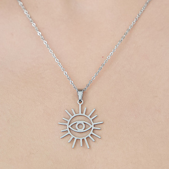 201 Stainless Steel Hollow Sun with Eye Pendant Necklace, Stainless Steel Color, 17.72 inch(45cm)