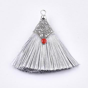 Polyester Tassel Pendant Decorations, with Alloy Findings and Enamel, Fan Shape, Antique Silver, Light Grey, 45~50x40~44x7~10mm, Hole: 2.5mm