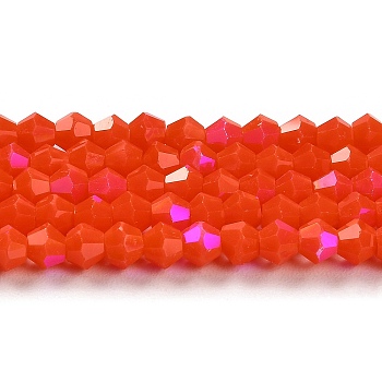 Opaque Solid Color Imitation Jade Glass Beads Strands, AB Color Plated, Faceted, Bicone, Orange Red, 4x4mm, Hole: 0.8mm, about 82~85pcs/strand, 12.01~12.2 inch(30.5~31cm)