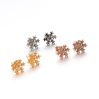 304 Stainless Steel Ear Studs, Hypoallergenic Earrings, Snowflake, Mixed Color, 12x12mm, Pin: 0.8mm