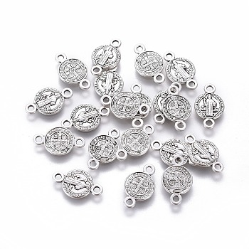 Tibetan Style Alloy Links connectors, Flat Round with Saint Benedict, Cadmium Free & Lead Free, Antique Silver, 15x9x1.5mm, Hole: 1.5mm, about 1000pcs/1000g