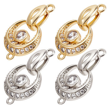 6 Sets 2 Colors Rack Plating Brass Pave Clear Cubic Zirconia Fold Over Clasps, Cadmium Free & Lead Free, Flat Round, Real Gold Plated & Real Platinum Plated, 27x14.5x5mm, Flat Round: 16.5x14x3mm, Hole: 1.5mm, Clasp: 13x4.5x5mm, Hole: 1.8mm, Inner Diameter: 5x3mm, 3 sets/color