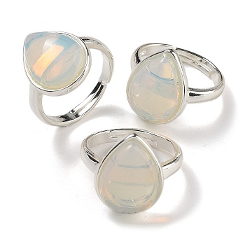 Opalite Teardrop Adjustable Rings, Lead Free & Cadmium Free, Silver Plated Brass Finger Rings for Women Men, Teardrop: 18.5x14mm, Inner Diameter: 18mm