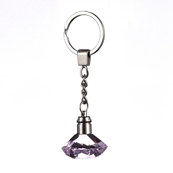 Diamond Shape Faceted Glass Keychain, with Platinum Plated Iron Split Key Rings, Pearl Pink, 96mm, Pendants: 30.5x30mm