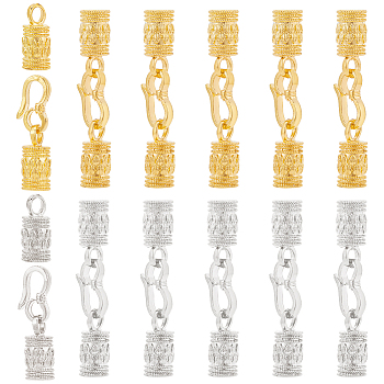 Elite 12Pcs 2 Colors Zinc Alloy Hook and S-Hook Clasps, with Cord Ends, Suitable for Bracelet Braid Rope Tail Buckle, Golden & Silver, 46mm, Clasp: 16x8x2mm, Cord End: 17.5x8mm, Hole: 4mm, Inner Diameter: 5.5mm, 6pcs/color