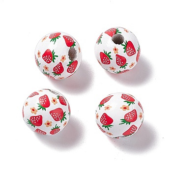 Fruit Printed Wood European Beads, Large Hole Bead, Round, Red, Strawberry Pattern, 16x14.5mm, Hole: 4.2mm