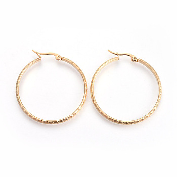 201 Stainless Steel Big Hoop Earrings, with 304 Stainless Steel Pin, Hypoallergenic Earrings, Textured, Ring, Golden, 42x38x3.5mm, Pin: 1mm