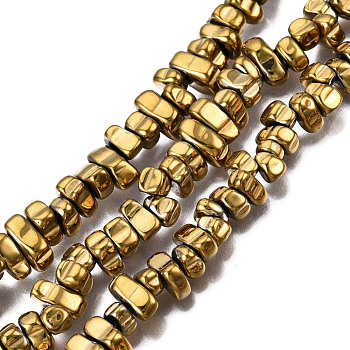 Electroplate Non-magnetic Synthetic Hematite Beads Strands, Chips, Light Gold Plated, 5~10x4.5~5.5x4mm, Hole: 1mm, about 105pcs/strand, 14.9 inch