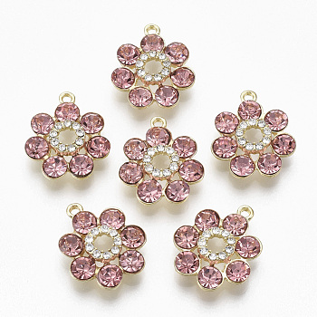 Golden Plated Alloy Pendants, with Glass Rhinestone, Flower, Light Coral, 19x16x5mm, Hole: 1.2~1.5mm