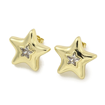 Brass Micro Pave Cubic Zirconia Stud Earrings for Women, Cadmium Free & Lead Free, Long-Lasting Plated, Real 18K Gold Plated, Star, 19.5x20mm