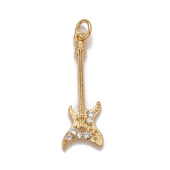 Brass Clear Cubic Zirconia Pendants, Cadmium Free & Nickel Free & Lead Free, Long-Lasting Plated, Electric Guitar, Real 18K Gold Plated, 27x9x2mm, Hole: 2mm