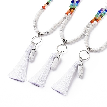 Natural Howlite Bullet & Tassel Pendant Necklace with Mixed Gemstone Beaded Chains, Chakra Yoga Jewelry for Women, 25.98 inch(66cm)