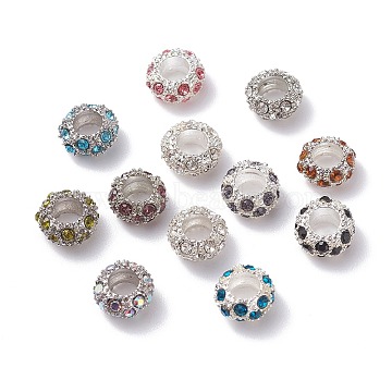 (Defective Closeout Sale: Yellowing) Alloy Rhinestone European Beads, Large Hole Beads, Rondelle, Silver Color Plated, Mixed Color, 11x5.5mm, Hole: 5.2mm(CPDL-XCP0001-03)