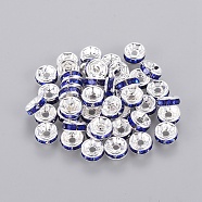 Brass Rhinestone Spacer Beads, Grade A, Straight Flange, Silver Color Plated, Rondelle, Sapphire, 6x3mm, Hole: 1mm(RB-A014-Z6mm-05S)