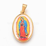 304 Stainless Steel Lady of Guadalupe Pendants, Oval with Virgin Mary, Golden, 27x17x3mm, Hole: 4x7mm(X-STAS-F165-33G)