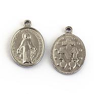 304 Stainless Steel Pendants, Oval with Virgin Mary, Stainless Steel Color, 19x13x2mm, Hole: 2mm(STAS-S047-054)