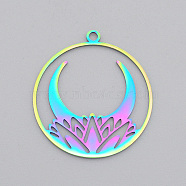 Ion Plating(IP) 201 Stainless Steel Pendants, Laser Cut, Ring with Moon, Rainbow Color, 32x29x1mm, Hole: 2mm(STAS-T056-LA477)