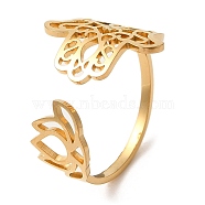 304 Stainless Steel Open Cuff Ring, Hamsa Hand & Lotus Flower, Golden, US Size 9(18.9mm)(RJEW-Z026-01G)