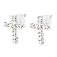 Cross Brass Micro Pave Cubic Zirconia Stud Earrings, Long-Lasting Plated, Lead Free & Cadmium Free, Platinum, 10.5x7.5mm(EJEW-L270-22P)