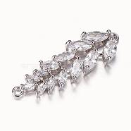 Brass Links, Clear, with Cubic Zirconia, Leaf, Platinum, 33.5x11x4mm, Hole: 1mm(KK-N0106-05P)