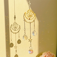 Metal Lotus Moon Window Hanging Suncatchers, with Glass Charm, for Home Pendant Decorations, Golden, 430mm(PW-WG54215-01)