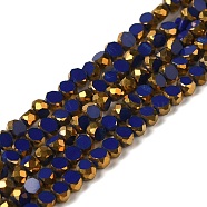 Electroplate Glass Beads Strands, Opaque Solid Color, Half Golden Plated, Faceted, Flat Round, Dark Blue, 4~4.5x3mm, Hole: 1mm, about 71~75pcs/strand, 10''~10.43''(25.4~26.5cm)(EGLA-P061-01A-05)