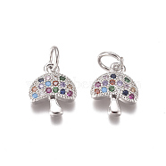 Brass Micro Pave Cubic Zirconia Charms, with Jump Rings, Mushroom, Colorful, Platinum, 11x9x2mm, Hole: 3mm(ZIRC-I038-11P)