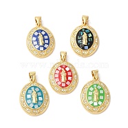 Oval with Virgin Mary Brass Micro Pave Clear Cubic Zirconia Pendants, with Enamel & Shell, Long-Lasting Plated, Lead Free & Cadmium Free, Real 18K Gold Plated, Mixed Color, 22x16x4mm, Hole: 5x3.5mm(KK-K385-030G)