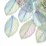 Ion Plating(IP) 201 Stainless Steel Filigree Pendants, Etched Metal Embellishments, Tropical Leaf Charms, Monstera Leaf, Rainbow Color, 37x21x0.3mm, Hole: 1.6mm(STAS-R102-28)