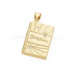 Brass Micro Pave Cubic Zirconia Diffuser Locket Pendants Nickel Free, Book with Word DreamFree, Book with Word Dream, Real 18K Gold Plated, 24x16x4.5mm, Hole: 3.5x4mm(ZIRC-T004-98G-NF)