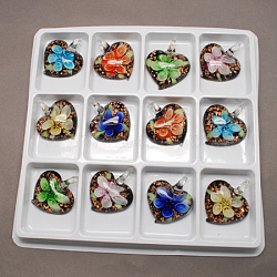 Handmade Gold Sand Lampwork Pendants, Heart, Mixed Color, 42x31x16mm, Hole: 8mm, 12pcs/box(LAMP-S059-9-B)