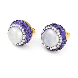 Rack Plating Flat Round Brass With Rhinestone & Natural Pearl Handmade Indonesia Stud Earrings, Long-Lasting Plated, Golden, Purple, 18mm(EJEW-U010-02D-G)