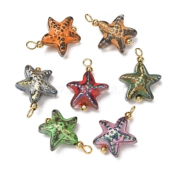 Baking Paint Glass Pendants, Starfish Charm, with Brass Loops, Real 18K Gold Plated, Mixed Color, 20.5x15.5x8mm, Hole: 2.5mm(GL-CBA010C-08G)