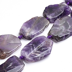 Natural Amethyst Beads Strands, Flat Slab Beads, Nuggets, 28~60x15~42x6~8mm, Hole: 3mm, about 8~12pcs/strand, 16.3 inches(G-S268-02)