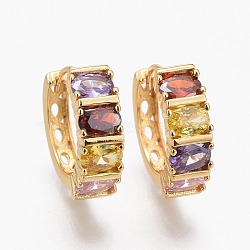 Brass Micro Pave Clear Cubic Zirconia Huggie Hoop Earrings, Long-Lasting Plated, Ring with Rectangle, Colorful, Real 18K Gold Plated, 19x19.5x6.5mm, Pin: 1mm(EJEW-L231-46G)