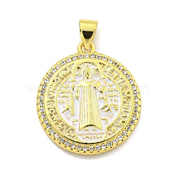 Rack Plating Brass Micro Pave Cubic Zirconia Pendants, with Enamel Cadmium Free & Lead Free, Real 18K Gold Plated, Flat Round, White, 22x20x4mm, Hole: 4.5mm(KK-B091-22G-04)