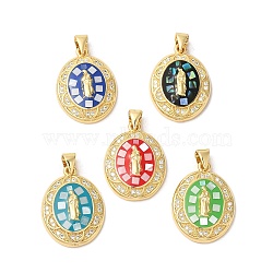 Oval with Virgin Mary Brass Micro Pave Clear Cubic Zirconia Pendants, with Enamel & Shell, Long-Lasting Plated, Lead Free & Cadmium Free, Real 18K Gold Plated, Mixed Color, 22x16x4mm, Hole: 5x3.5mm(KK-K385-030G)