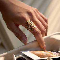 Adjustable 304 Stainless Steel Cuff Open Rings for Women, Flower, Golden, 25mm, Inner Diameter: 18mm(RJEW-T029-01G)