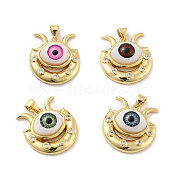 Evil Eye with Moon Brass Micro Pave Clear Cubic Zirconia Pendants, with Resin Eyeball, Cadmium Free & Nickel Free & Lead Free, Real 18K Gold Plated, Mixed Color, 23x22x7mm, Hole: 3.6x4.3mm(KK-G419-10G)