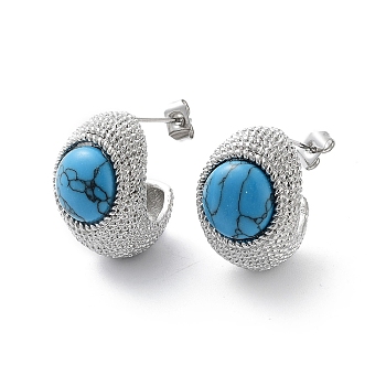 304 Stainless Steel Stud Earrings, Half Hoop Earrings with Synthetic Turquoise, Stainless Steel Color, 19x14mm
