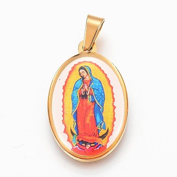 304 Stainless Steel Lady of Guadalupe Pendants, Oval with Virgin Mary, Golden, 27x17x3mm, Hole: 4x7mm