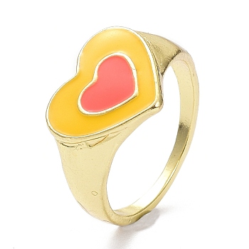 Heart Alloy Enamel Finger Rings, Light Gold, Goldenrod, 2mm, US Size 8 1/2(18.5mm)