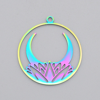 Ion Plating(IP) 201 Stainless Steel Pendants, Laser Cut, Ring with Moon, Rainbow Color, 32x29x1mm, Hole: 2mm