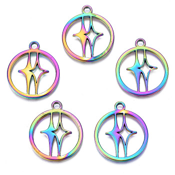 Rainbow Color Alloy Pendants, Cadmium Free & Nickel Free & Lead Free, Ring with Star, 27x23x1.5mm, Hole: 2.5mm