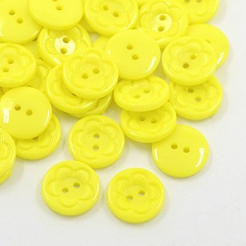 Acrylic Sewing Buttons for Clothes Design, Plastic Buttons, 2-Hole, Dyed, Flat Round with Flower Pattern, Yellow, 16x3mm, Hole: 1mm
